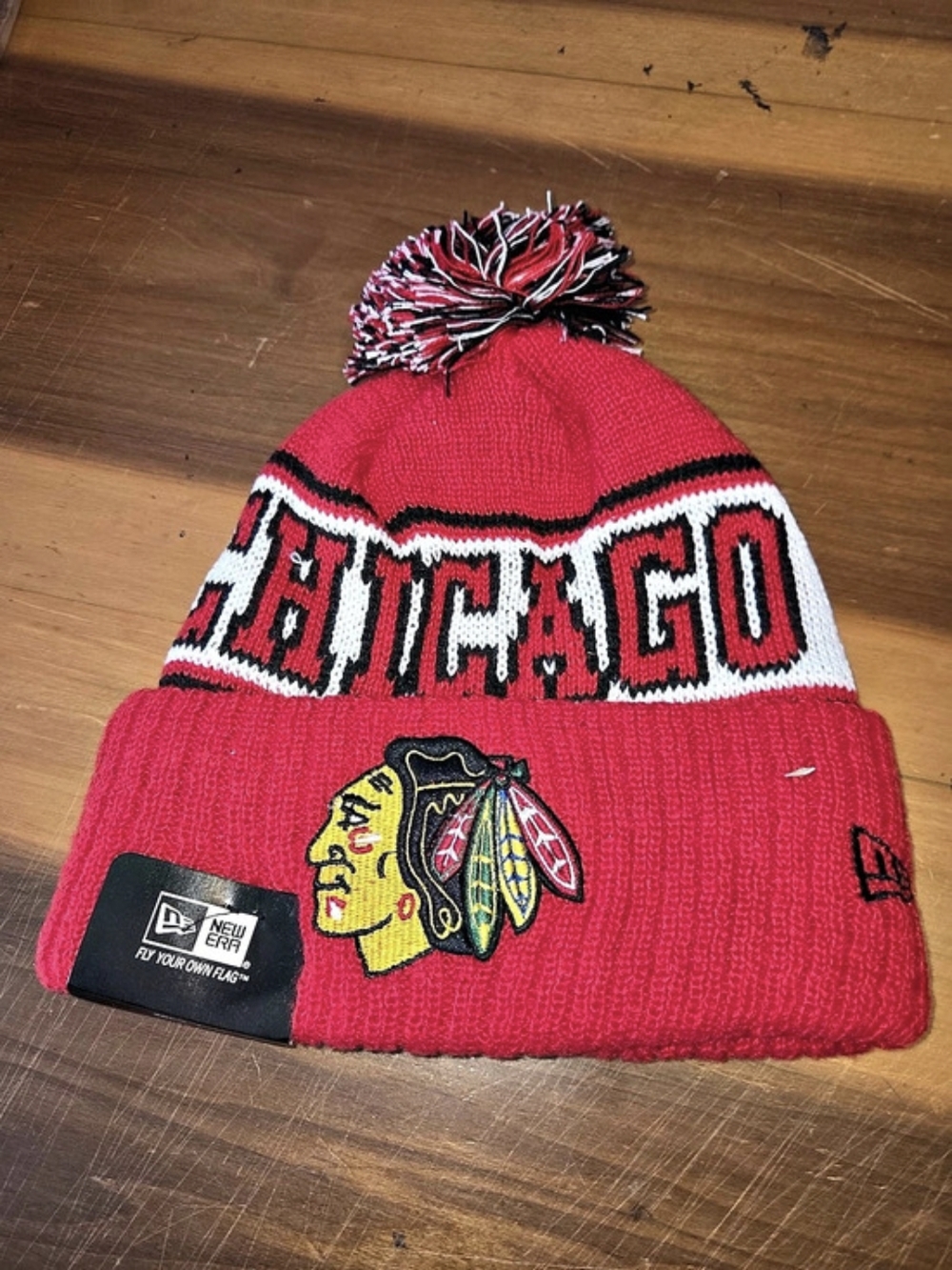 New Era Chicago Blackhawks Classic Pom Knit Hat Red & Black